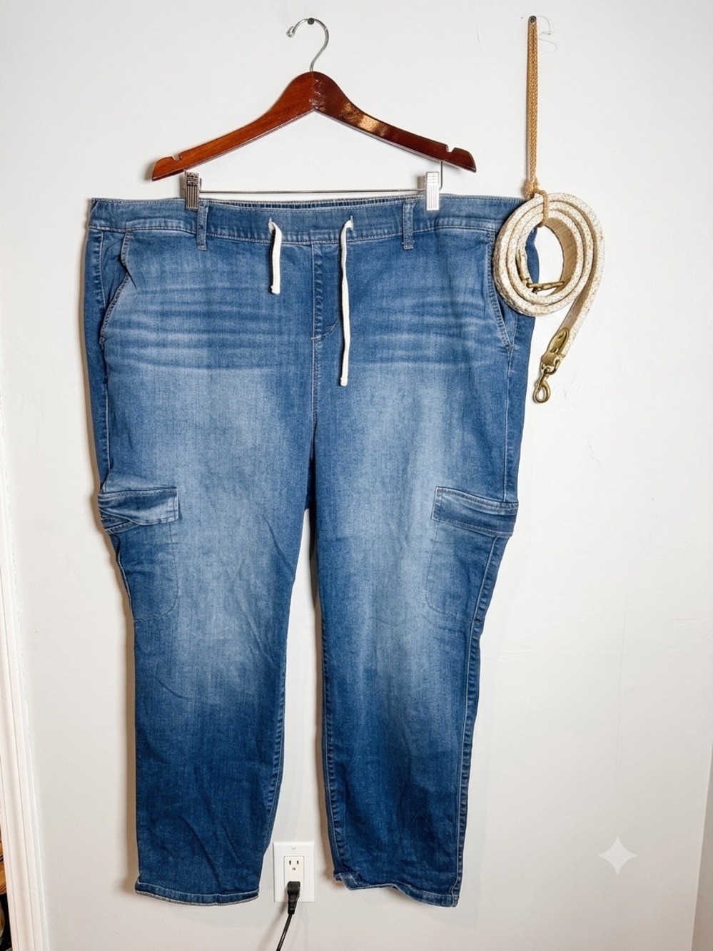 Torrid Pull On Denim Cargo Pants Plus Sz 5S Drawstring Utility Crop Tapered Blue
